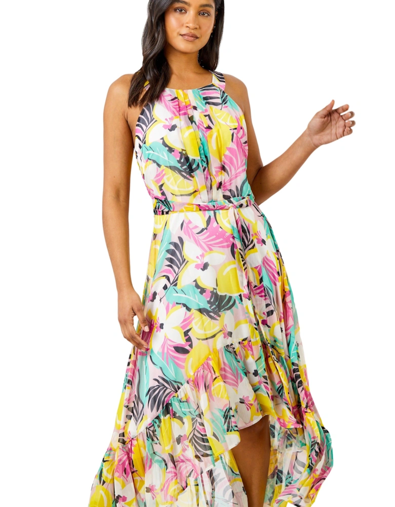 Tropical Print Halter Neck Chiffon Dress