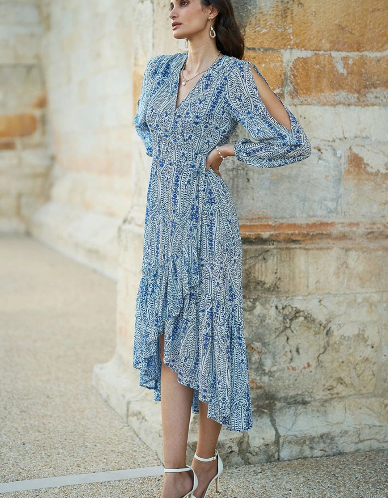 Blue Paisley Dipped Hemline Midi Dress With Open Long Sleeves