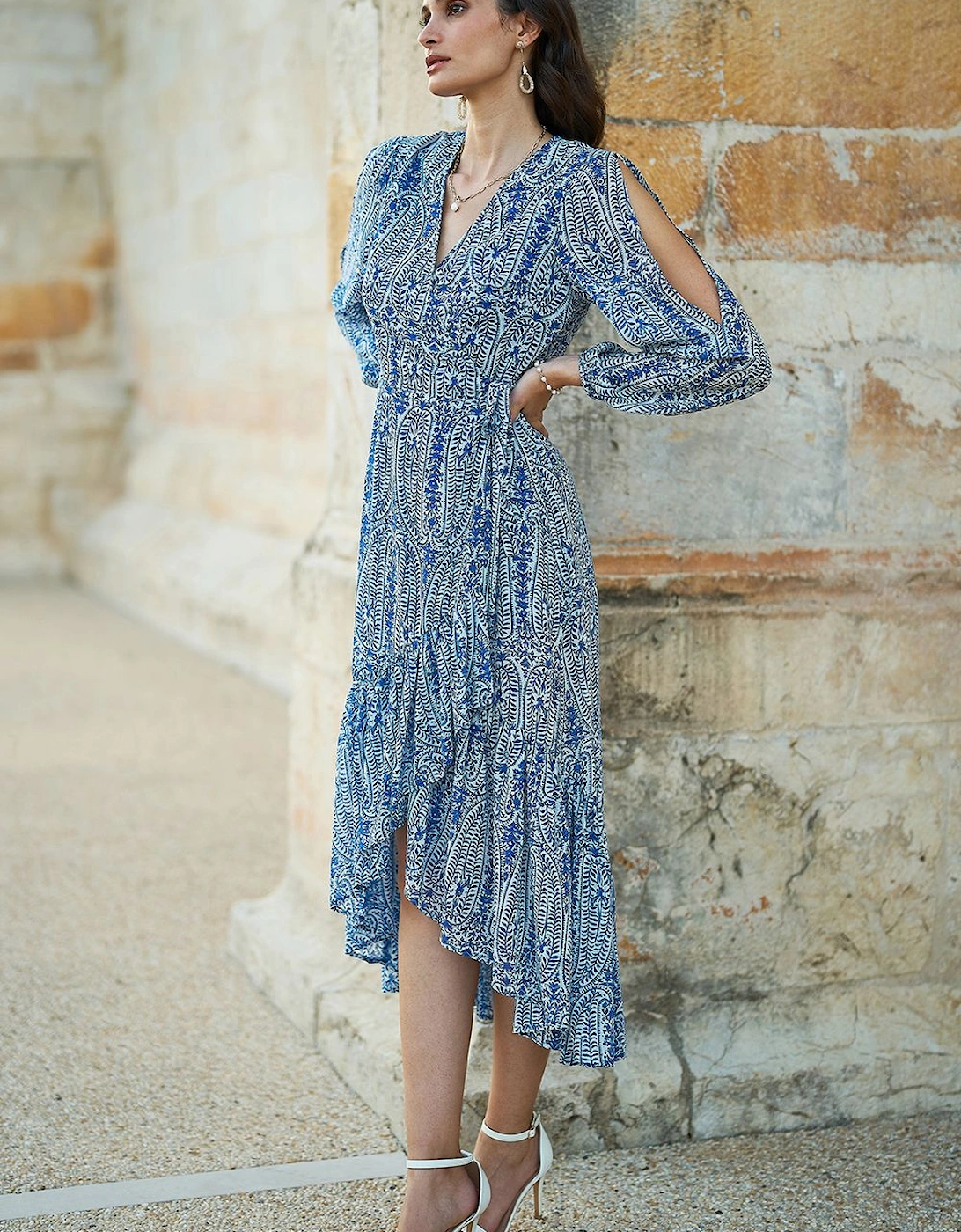 Blue Paisley Dipped Hemline Midi Dress With Open Long Sleeves, 2 of 1