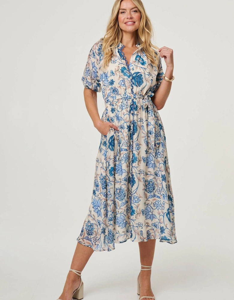 Floral Lace Trim Tie Waist Midi Dress