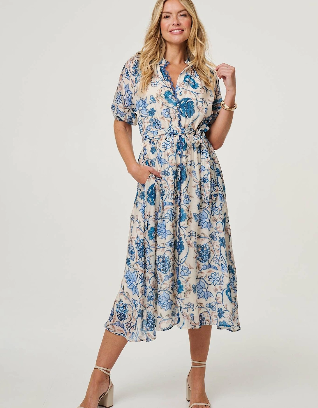 Floral Lace Trim Tie Waist Midi Dress, 2 of 1