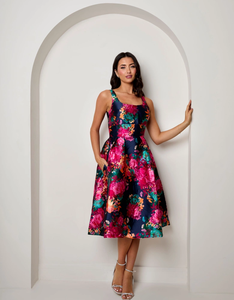 Sleeveless Floral Fit and Flare Midi Dress in Navy