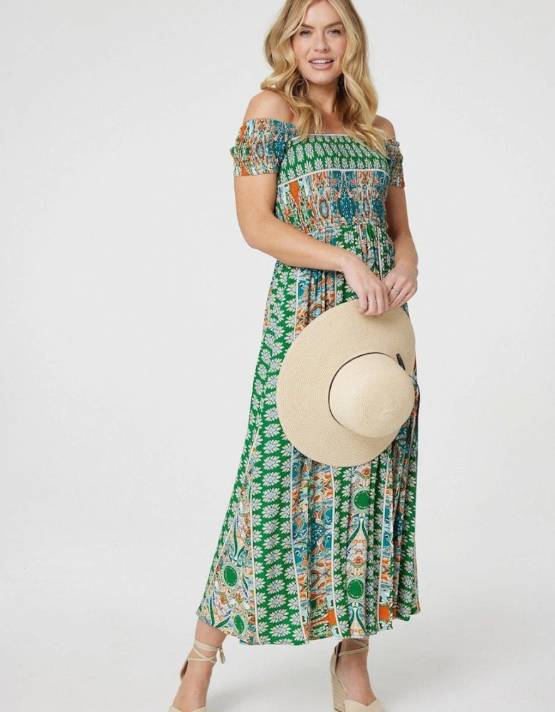 Printed Bardot Smocked Maxi Dress
