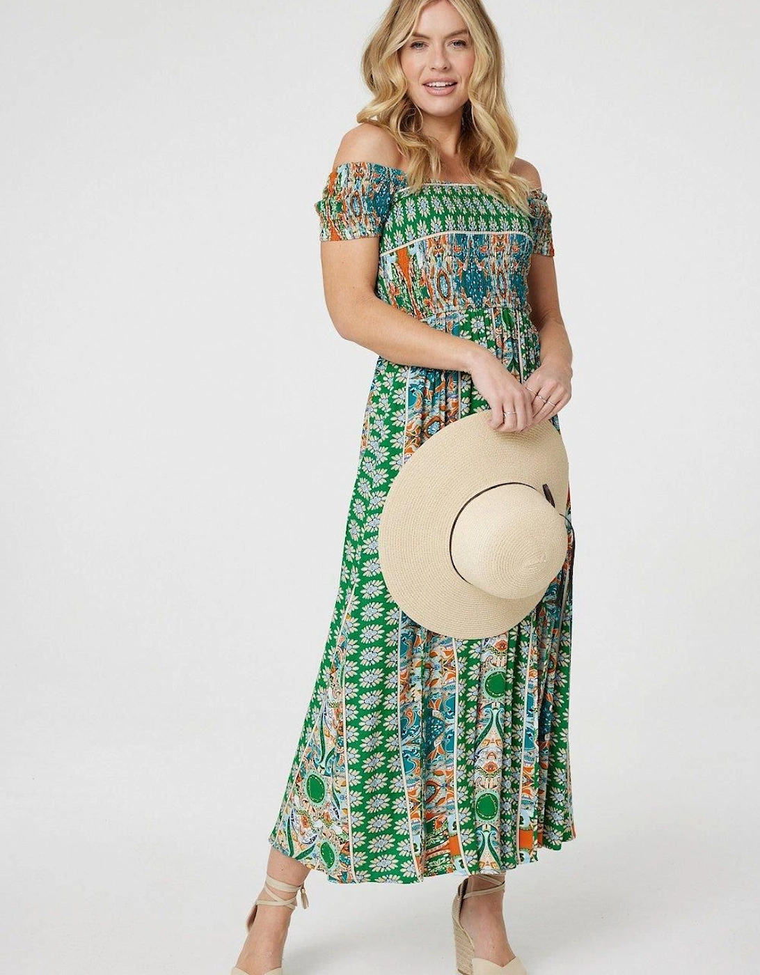 Printed Bardot Smocked Maxi Dress, 2 of 1