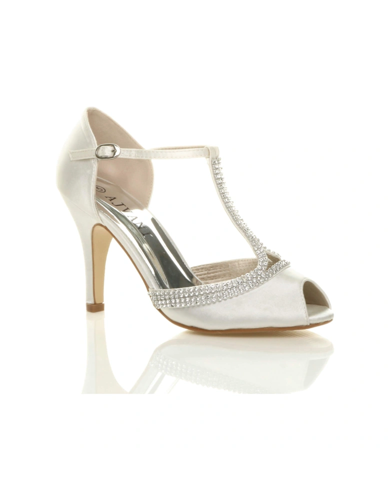 High  Heel Diamante T-Bar Peep Toe Satin Heeled Sandals