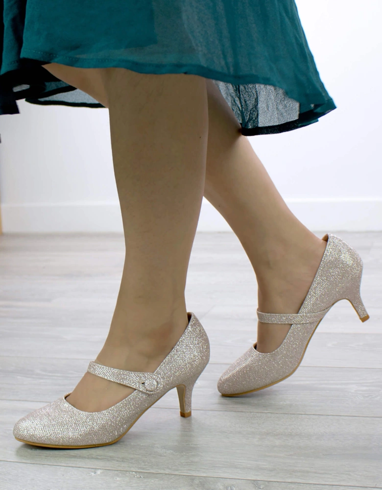 Mid  Heel Elasticated Strap Mary Jane  Court Shoes