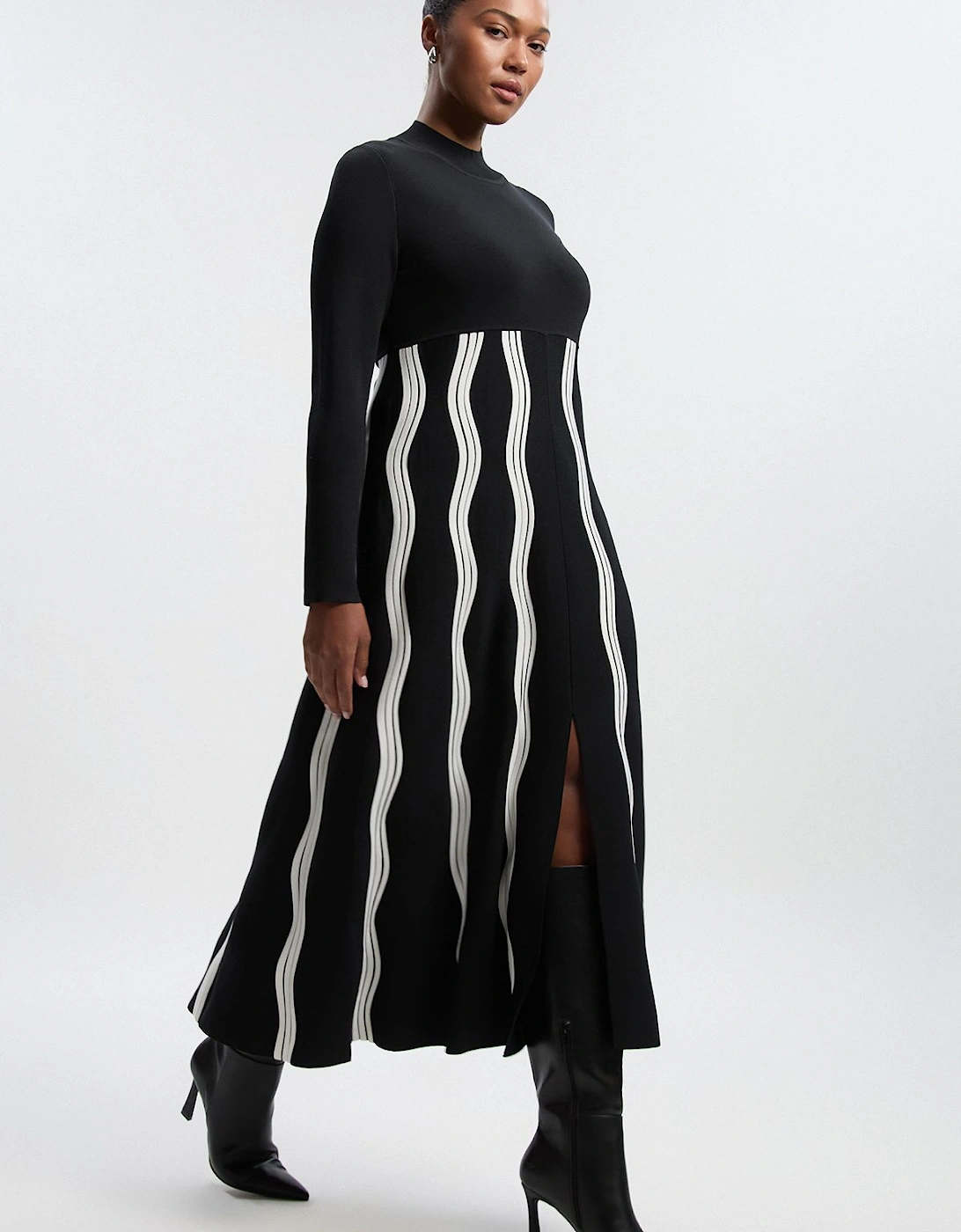 Plus Size Contrast Wave Knit A-Line Knitted Long Sleeve Dress, 2 of 1