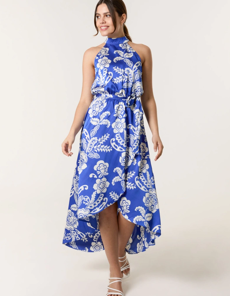 Bright Blue Halter Neck Frill Hem Dress