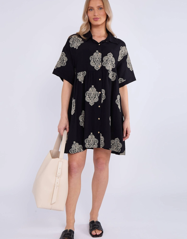 Black Embroidery Smock Oversized Mini Shirt Dress