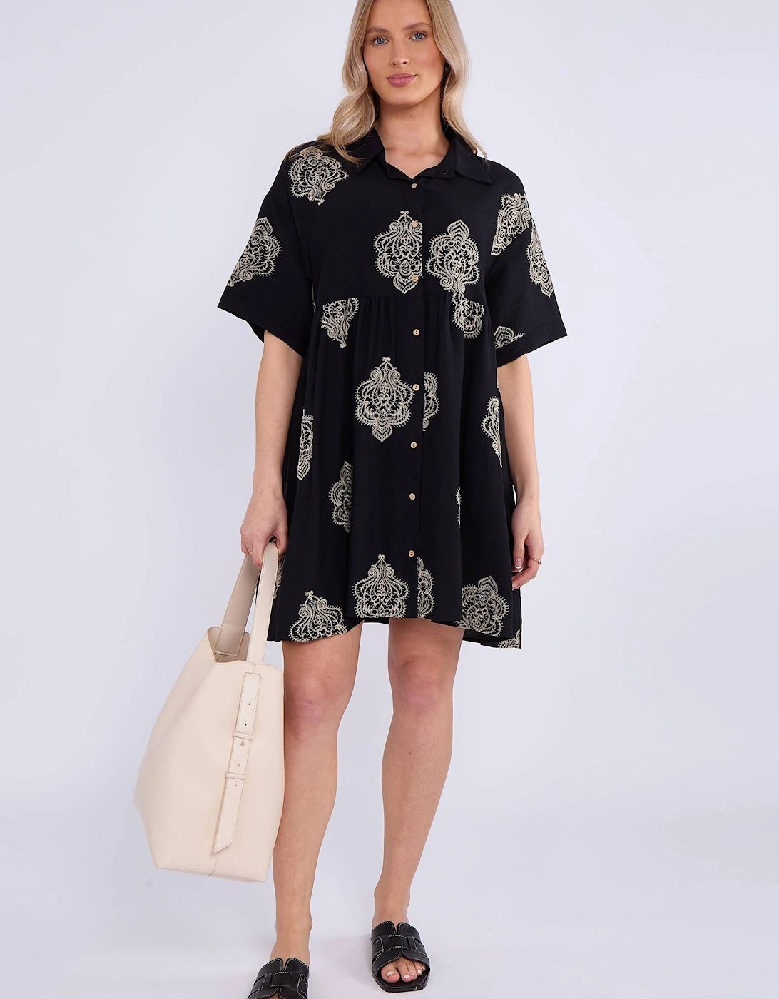Black Embroidery Smock Oversized Mini Shirt Dress, 2 of 1
