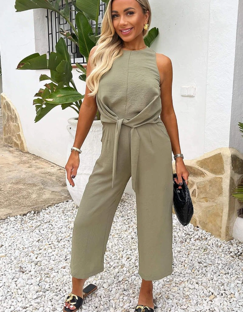 Khaki Racer Neck Tie Waist Jumpsuit