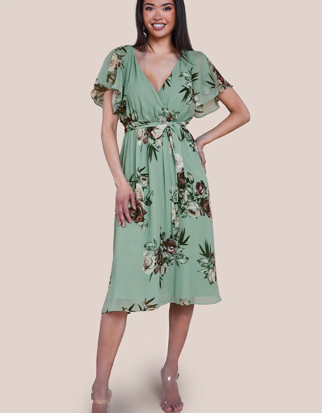 Floral Printed Flutter Sleeve Chiffon Midi Dress, 2 of 1
