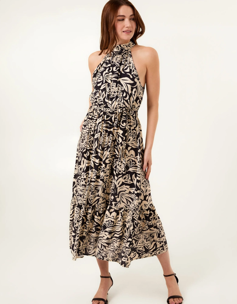 Navy Tropical Print Halter Neck Belted Waist Midi Dress