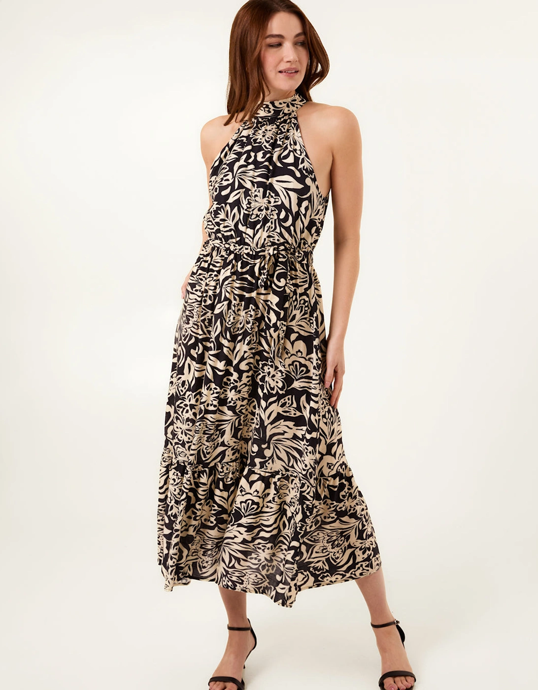 Navy Tropical Print Halter Neck Belted Waist Midi Dress, 2 of 1