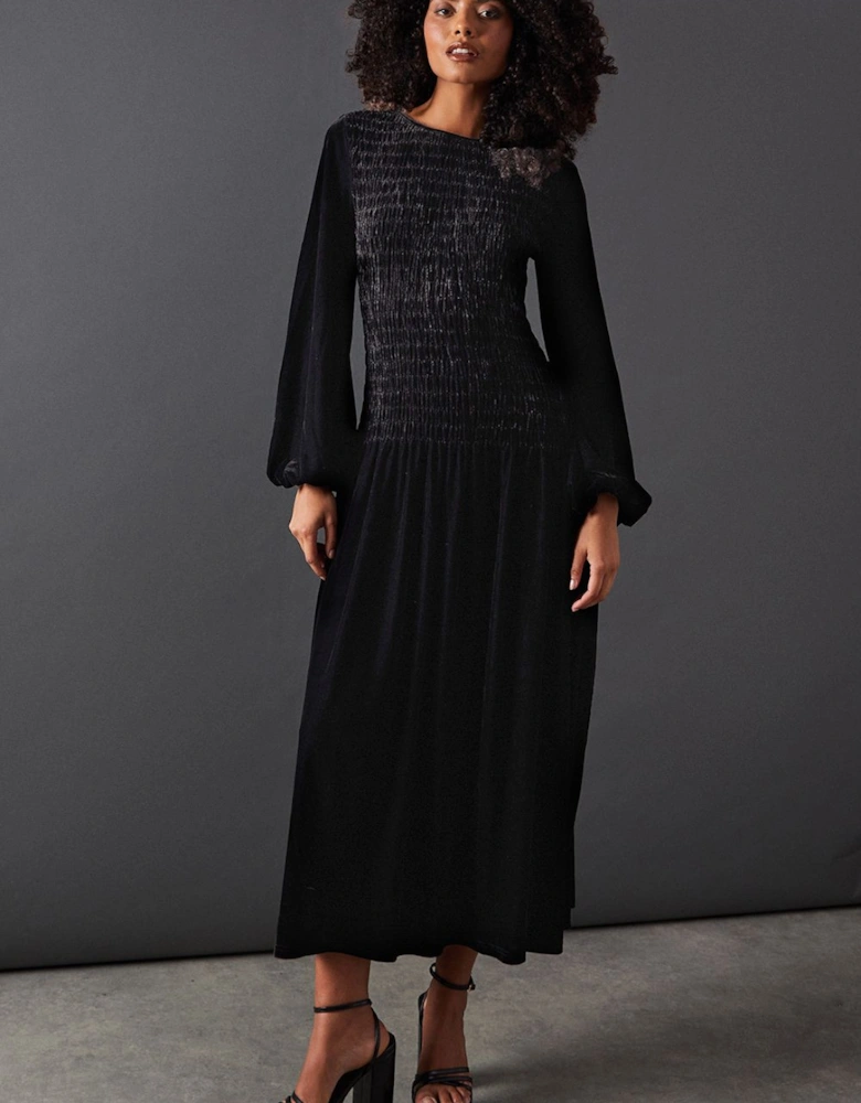 Velvet Ruched Body Puff Sleeve Midi Dress