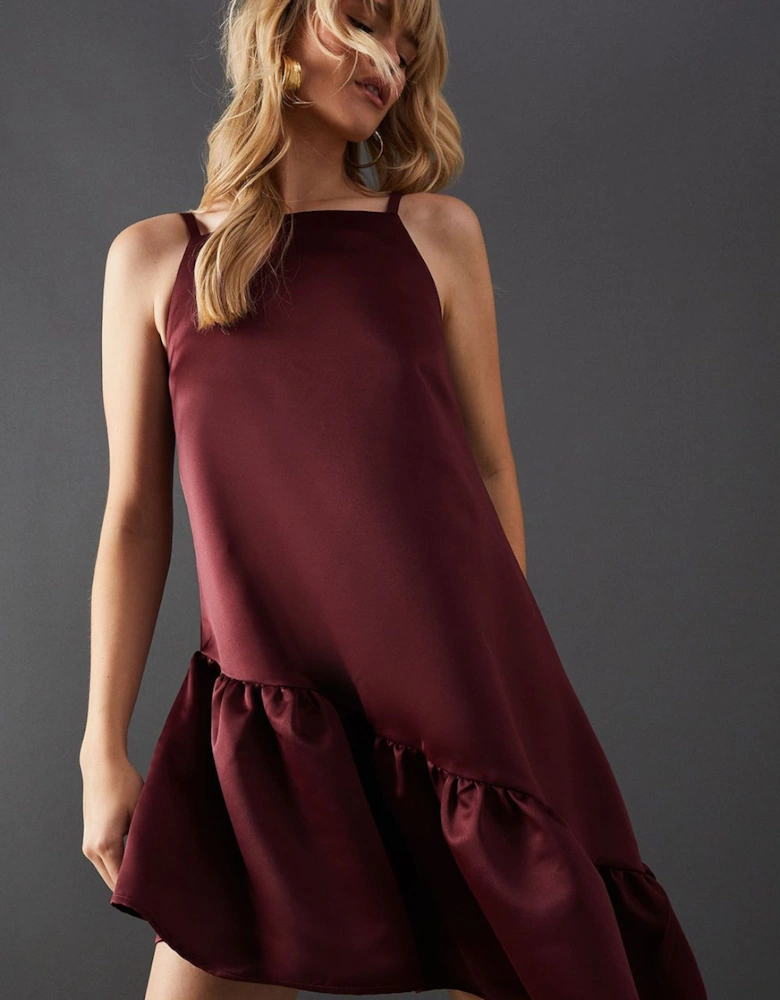 Satin High Neck Asymmetric Smock Dress