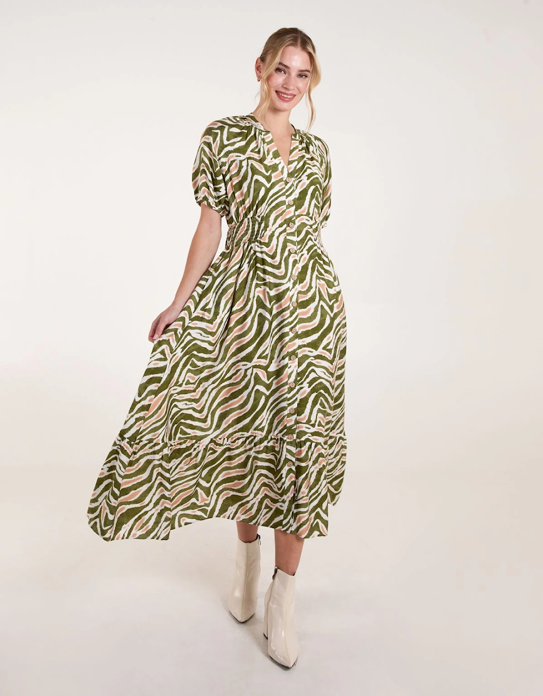 Shirred Waist Button Front Puff Sleeve Midi Dress, 2 of 1