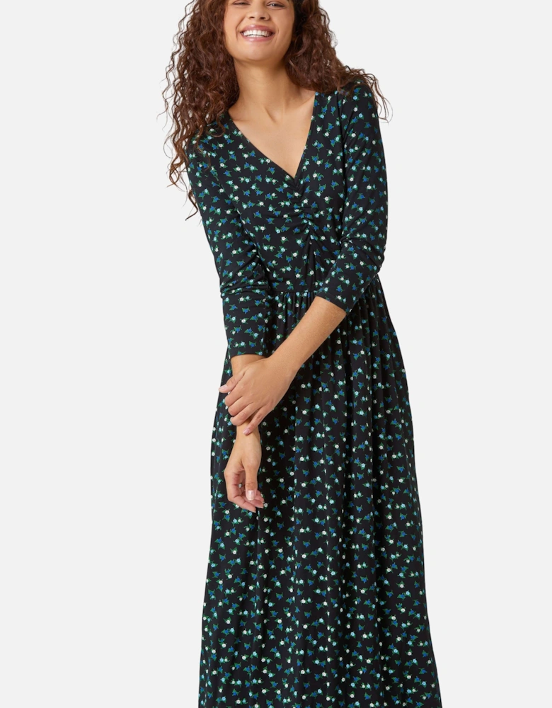 Ditsy Print Pocket Midi Stretch Dress