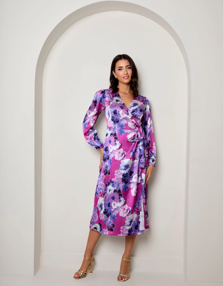 Long Sleeve Floral Wrap Dress in Purple