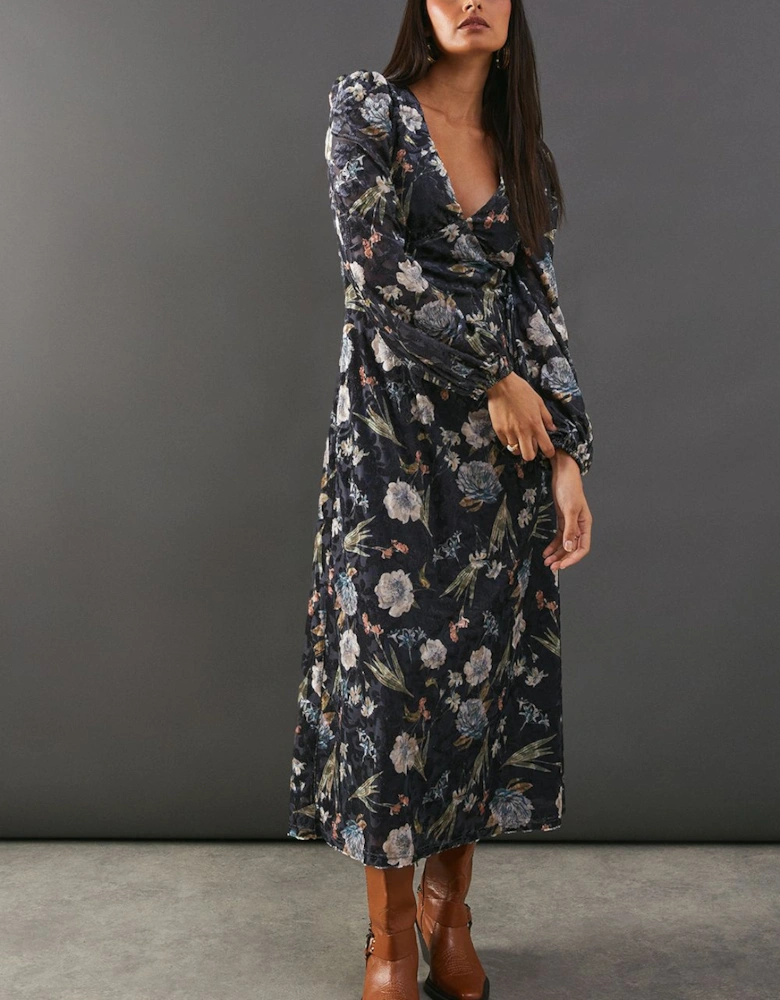 Premium Printed Velvet V Neck Midi Tea Dress