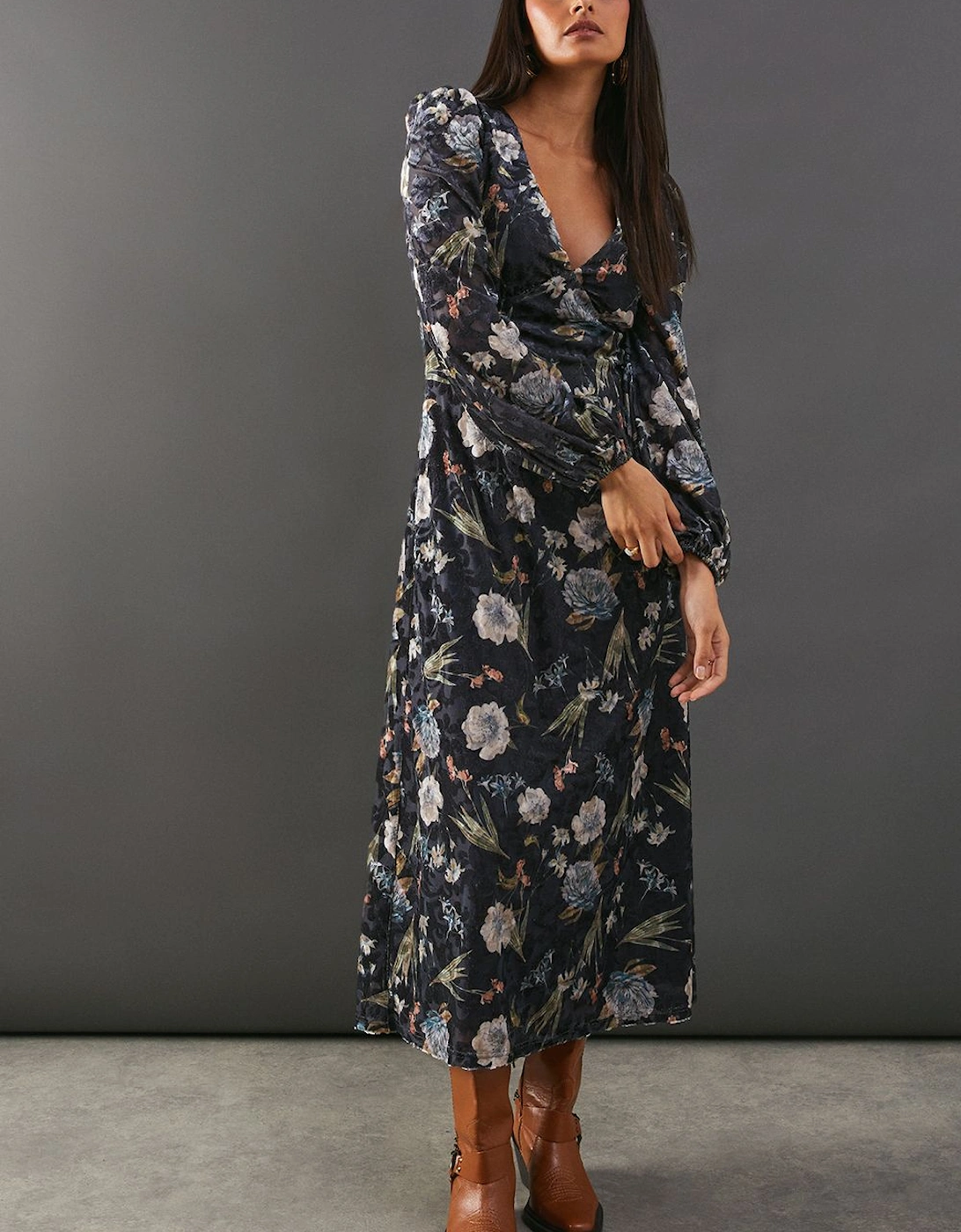 Premium Printed Velvet V Neck Midi Tea Dress, 2 of 1