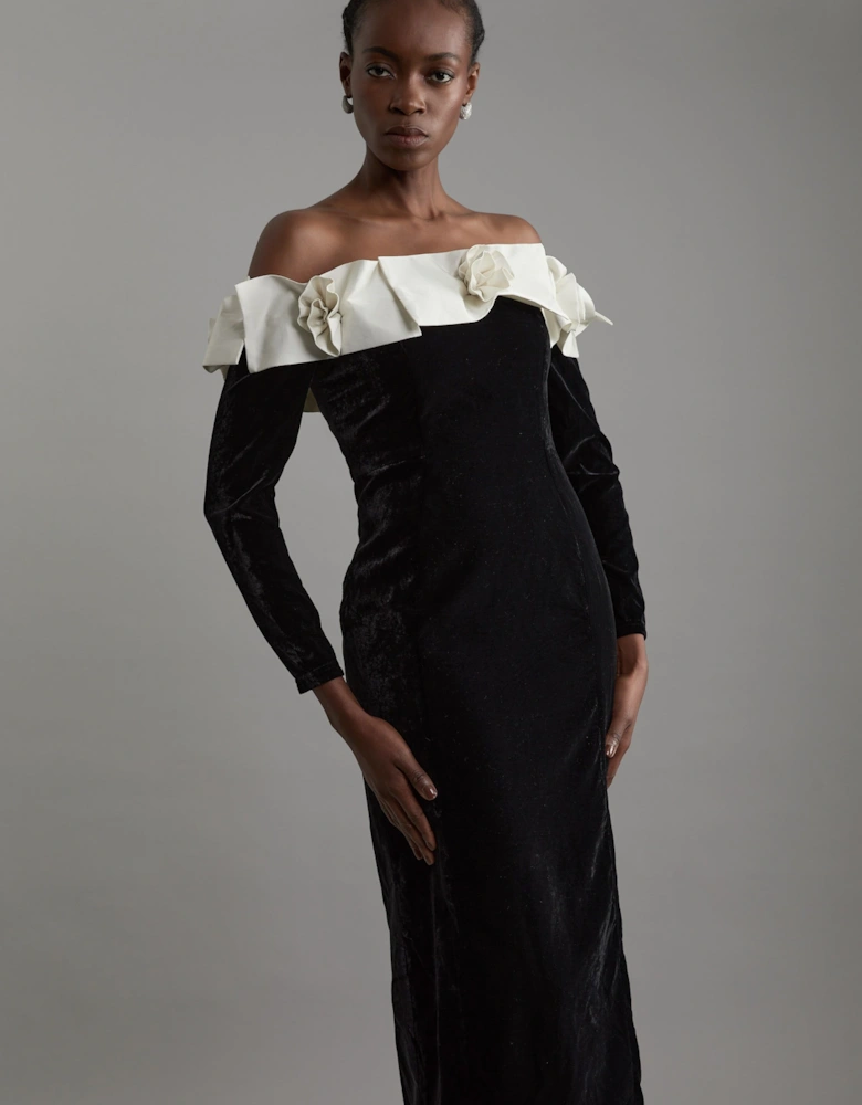 Petite Velvet Bardot Bodycon Woven Midi Dress With Taffeta Rosette