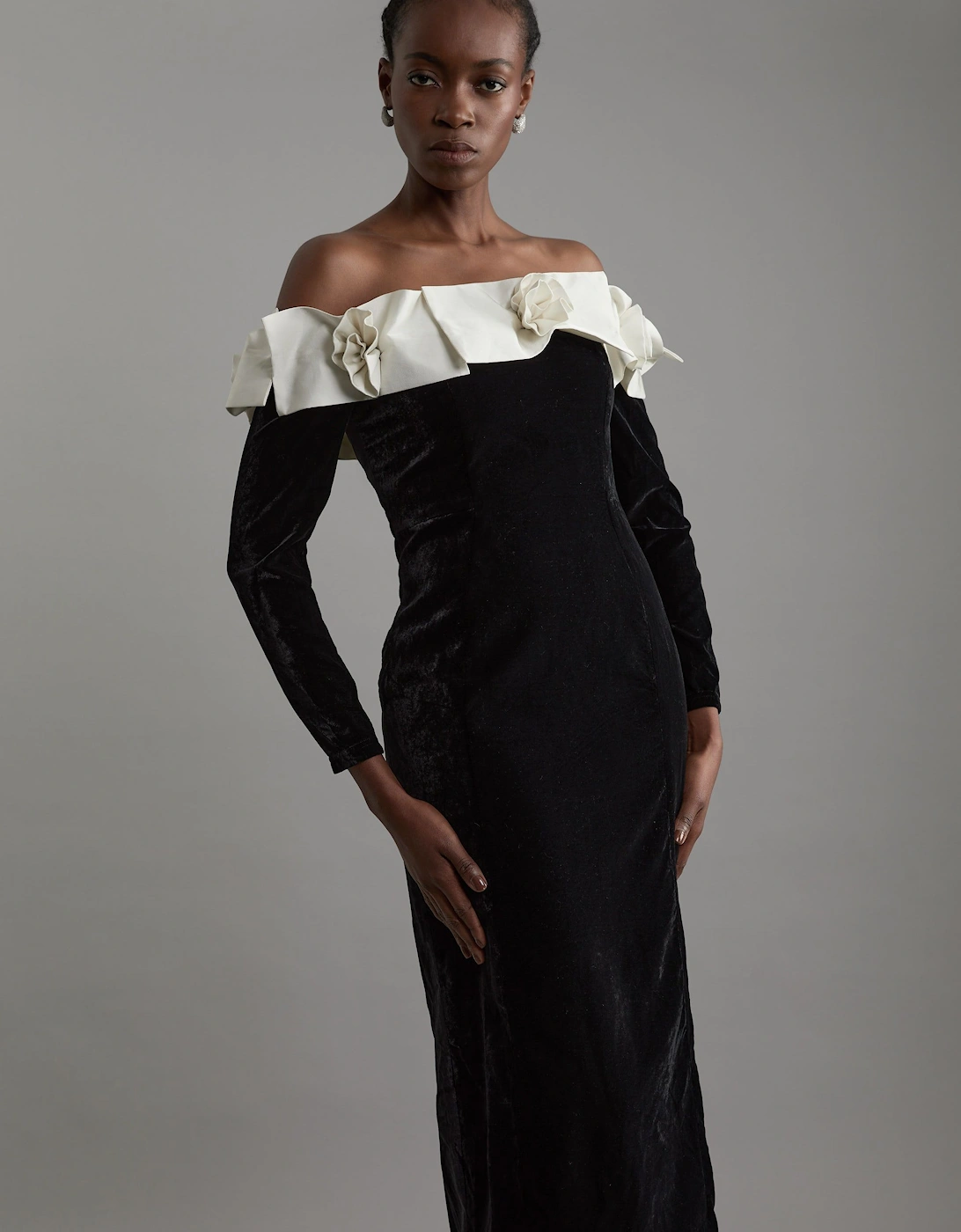 Petite Velvet Bardot Bodycon Woven Midi Dress With Taffeta Rosette, 2 of 1