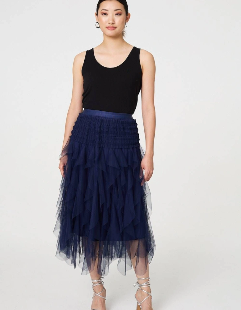 Ruffled Sheer Mesh High Waist Midi Skirt