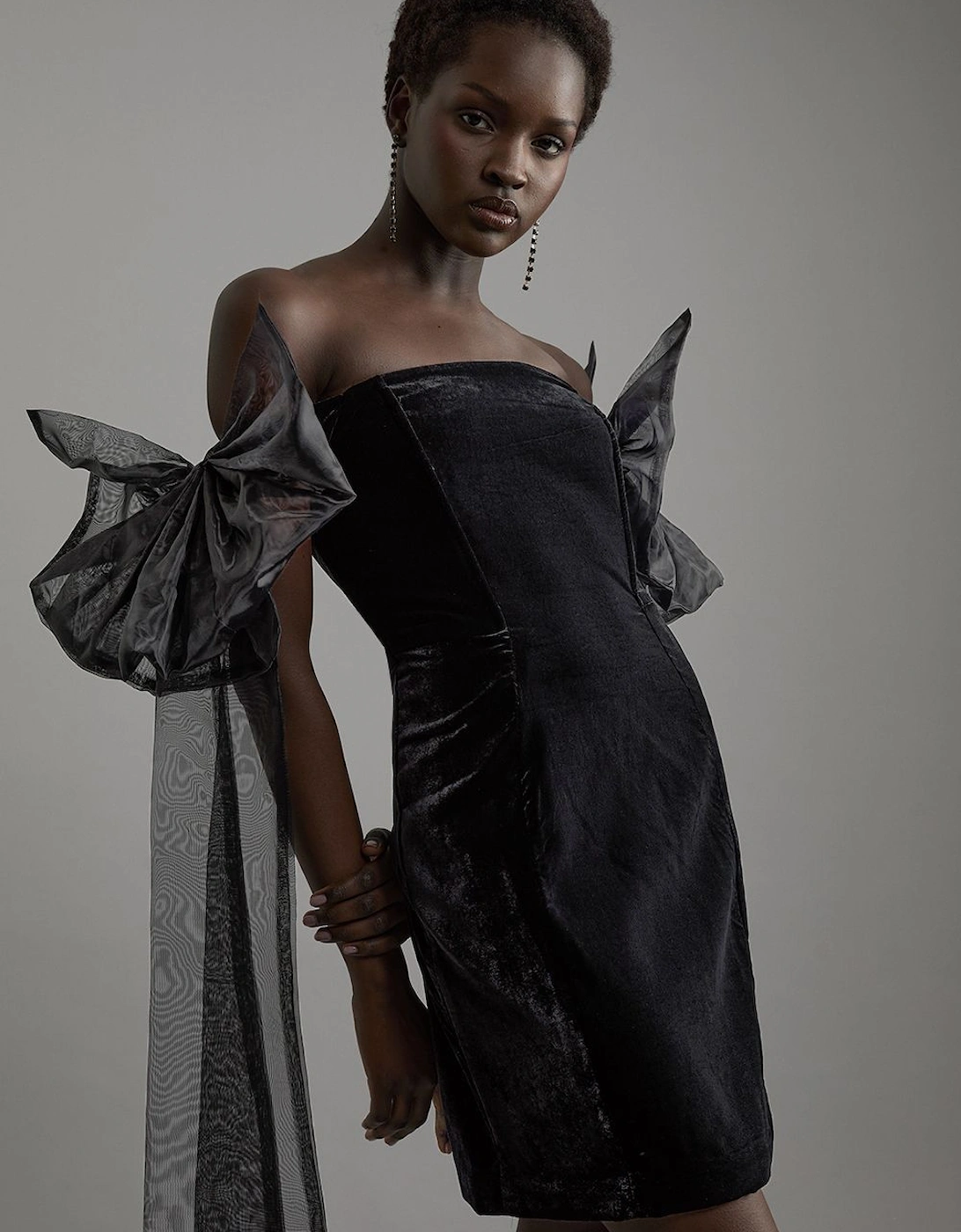 Velvet Bardot Woven Mini Dress With Taffeta Bow Sleeve Detail, 2 of 1