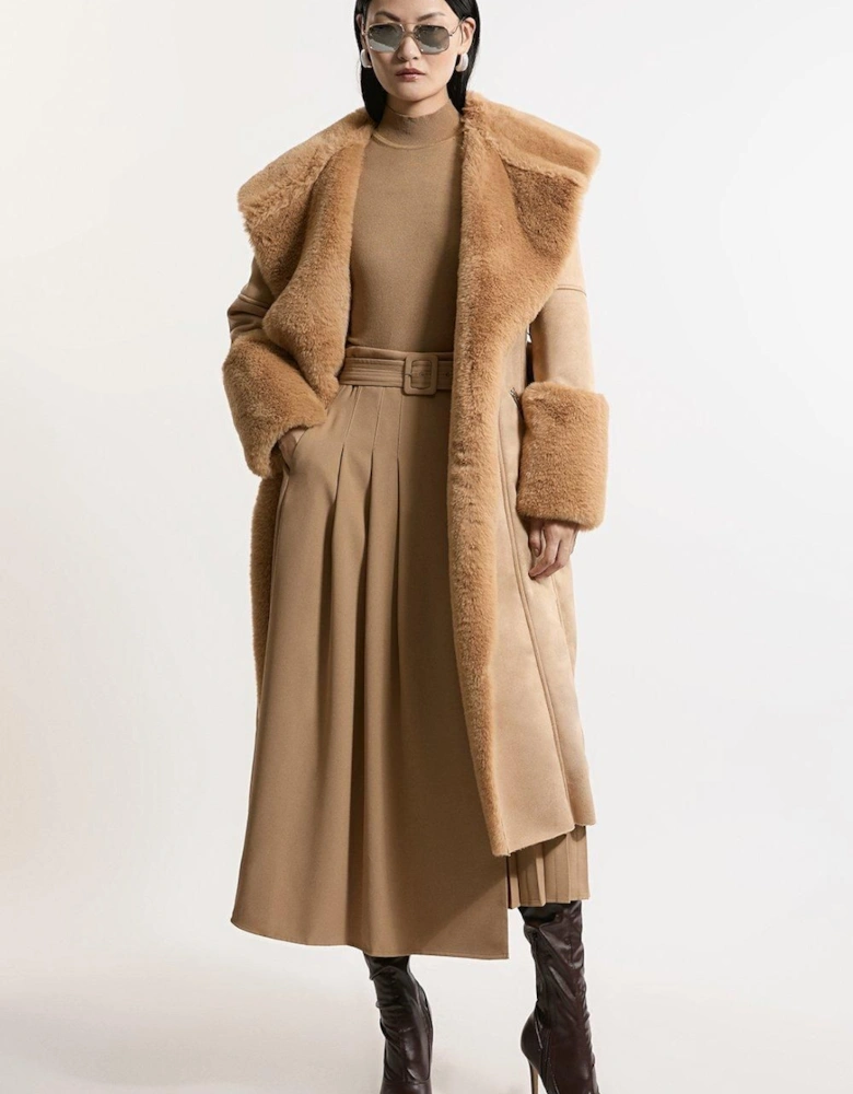 Faux Shearling Collar & Cuff Belted Midi Coat