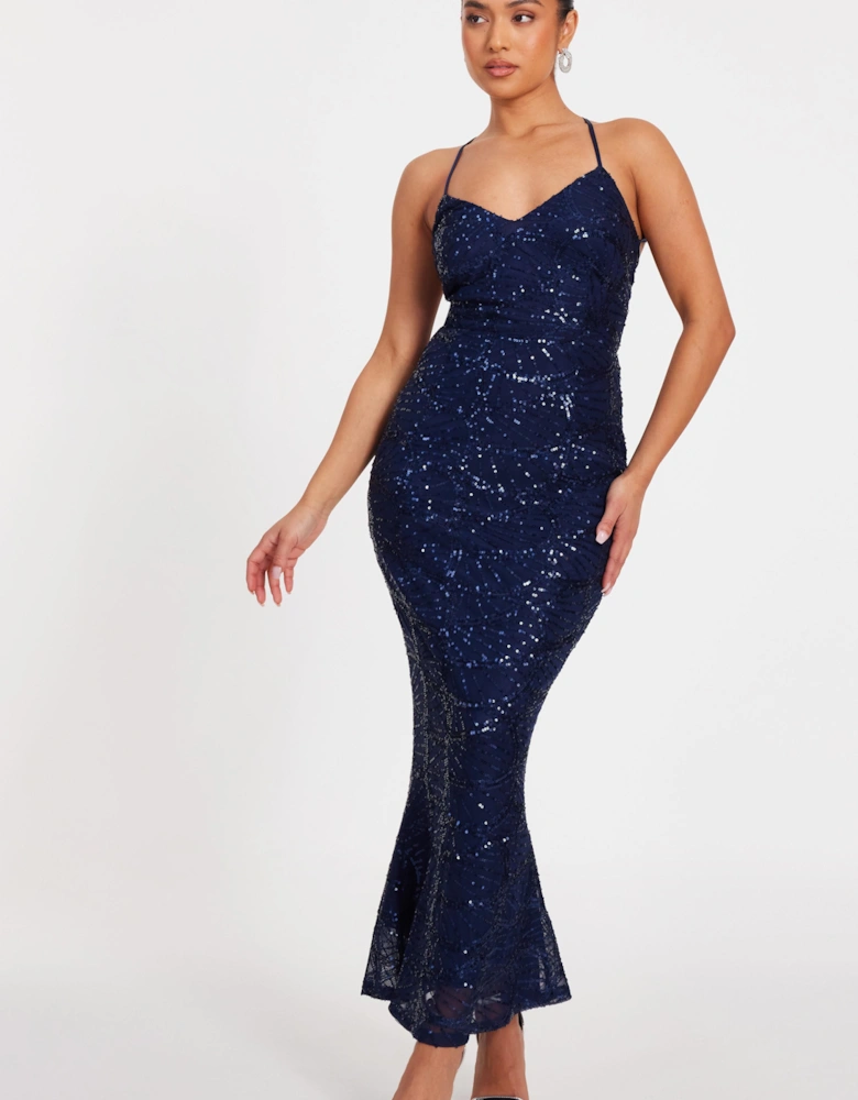 Navy Petite Sequin Fishtail Maxi Dress