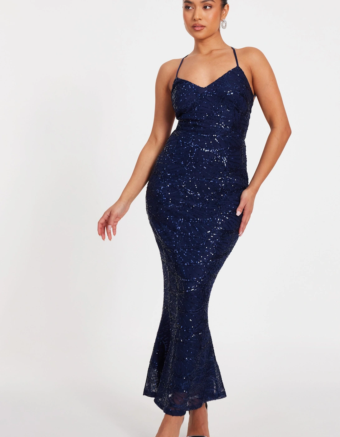 Navy Petite Sequin Fishtail Maxi Dress, 2 of 1