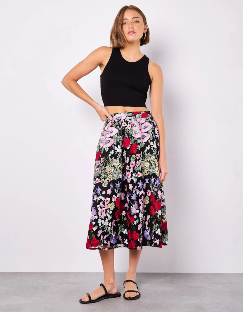 Embroidered Floral Mesh Midi Skirt