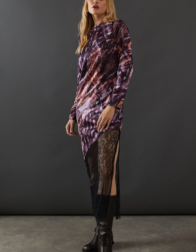Marble Satin Column Lace Panel Midi Dress