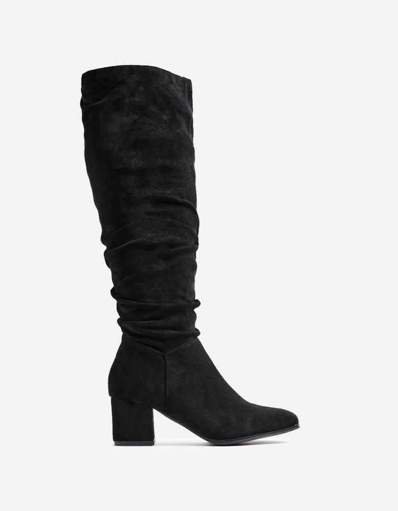 Margot Black Faux Suede Knee High Block Heeled Ruched Boot