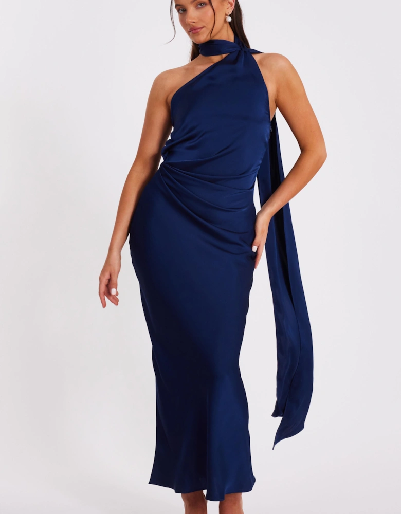 Navy Petite Satin Wrap Neck Maxi Dress