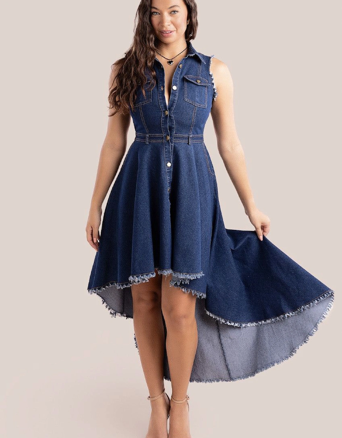 Denim Sleeveless High And Low Midaxi Dress, 2 of 1
