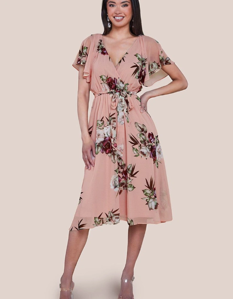 Floral Printed Flutter Sleeve Chiffon Midi Dress