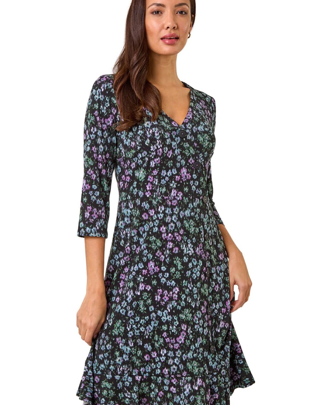 Floral Print Side Button Stretch Dress, 2 of 1