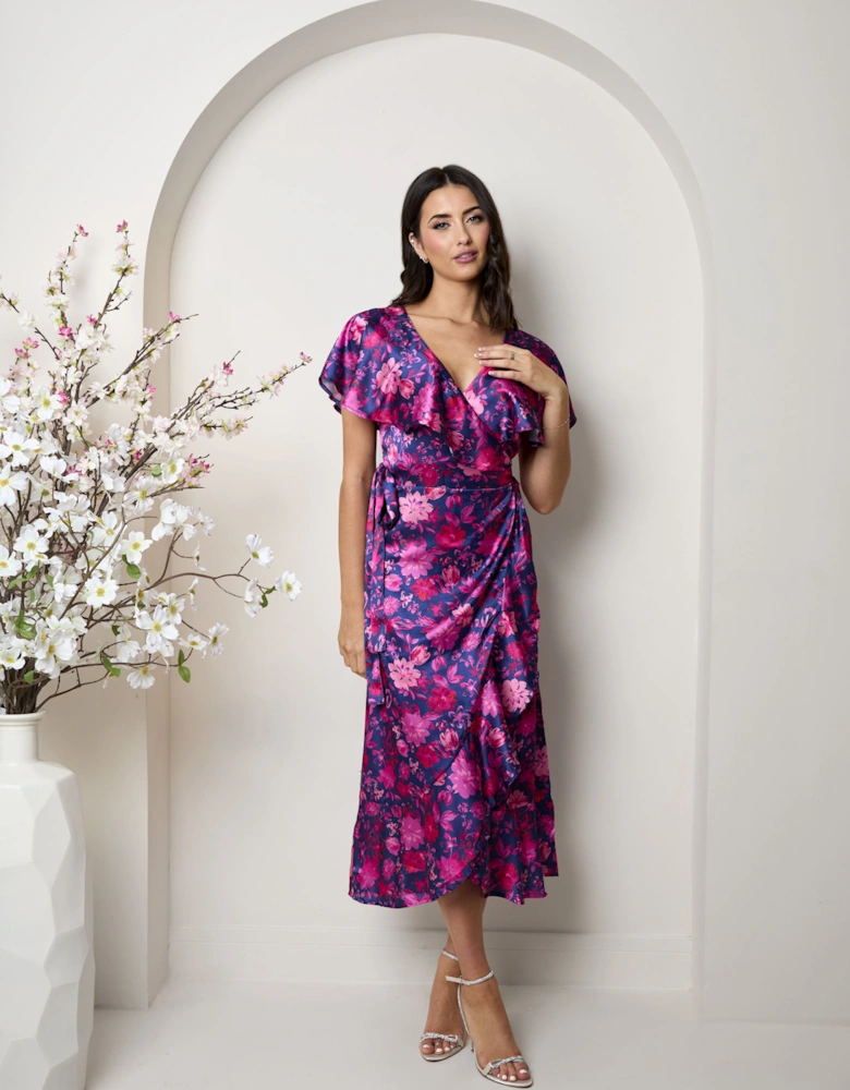 V Neck Floral Wrap Midi Dress in Multi