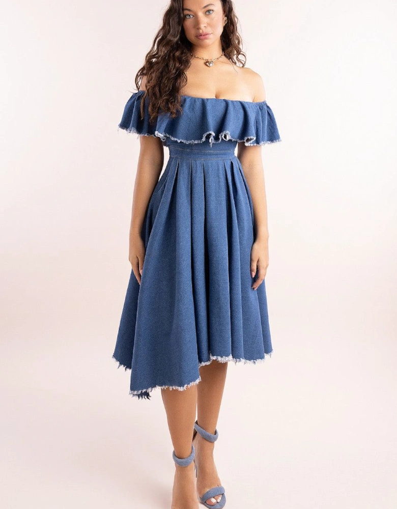 Denim Frilled Bardot High Low Dress