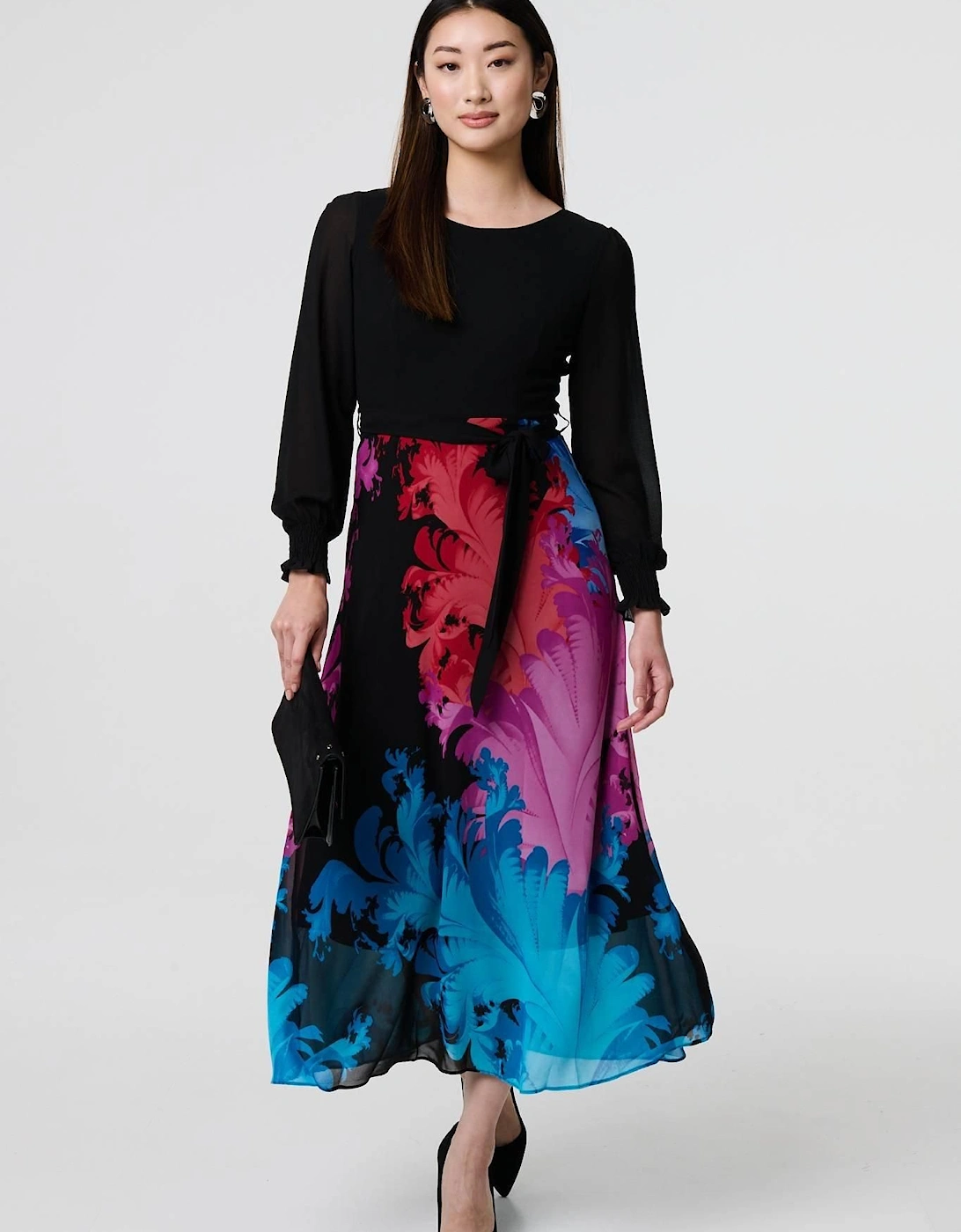 Floral Contrast Print Tie Waist Midi Dress, 2 of 1