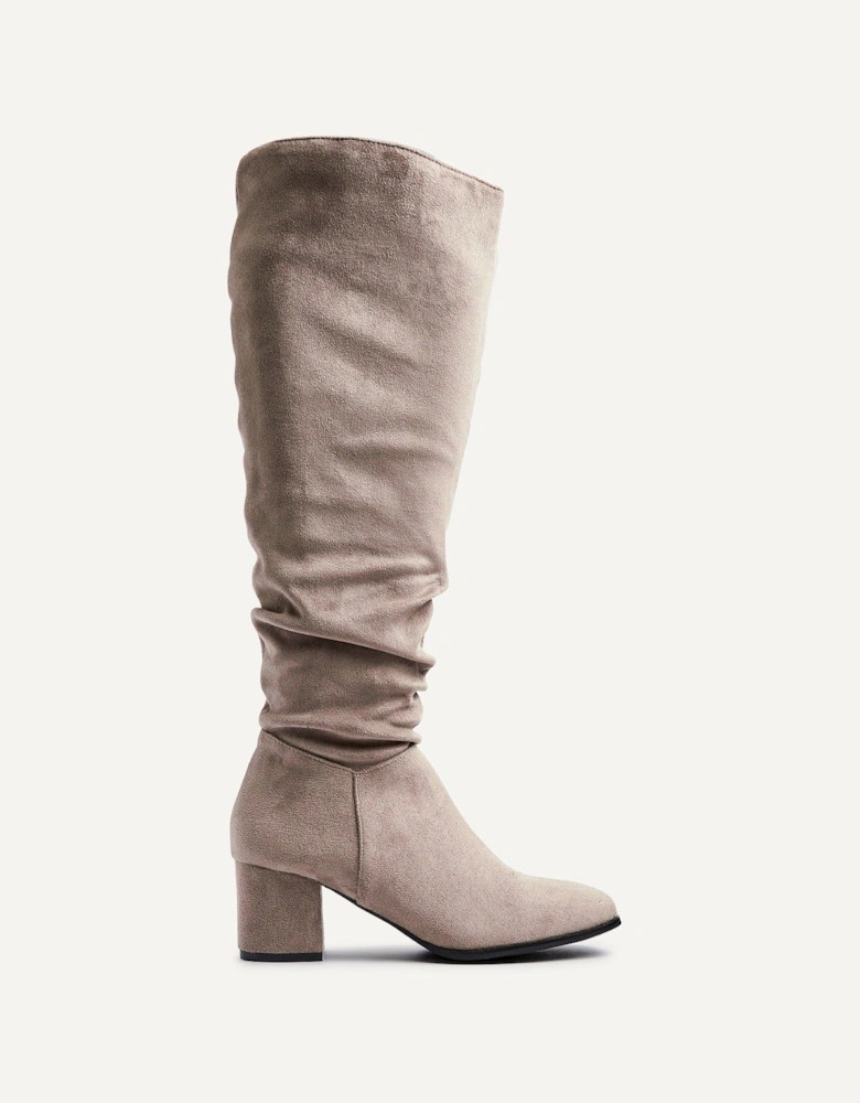 Margot Mocha Faux Suede Knee High Block Heeled Ruched Boot