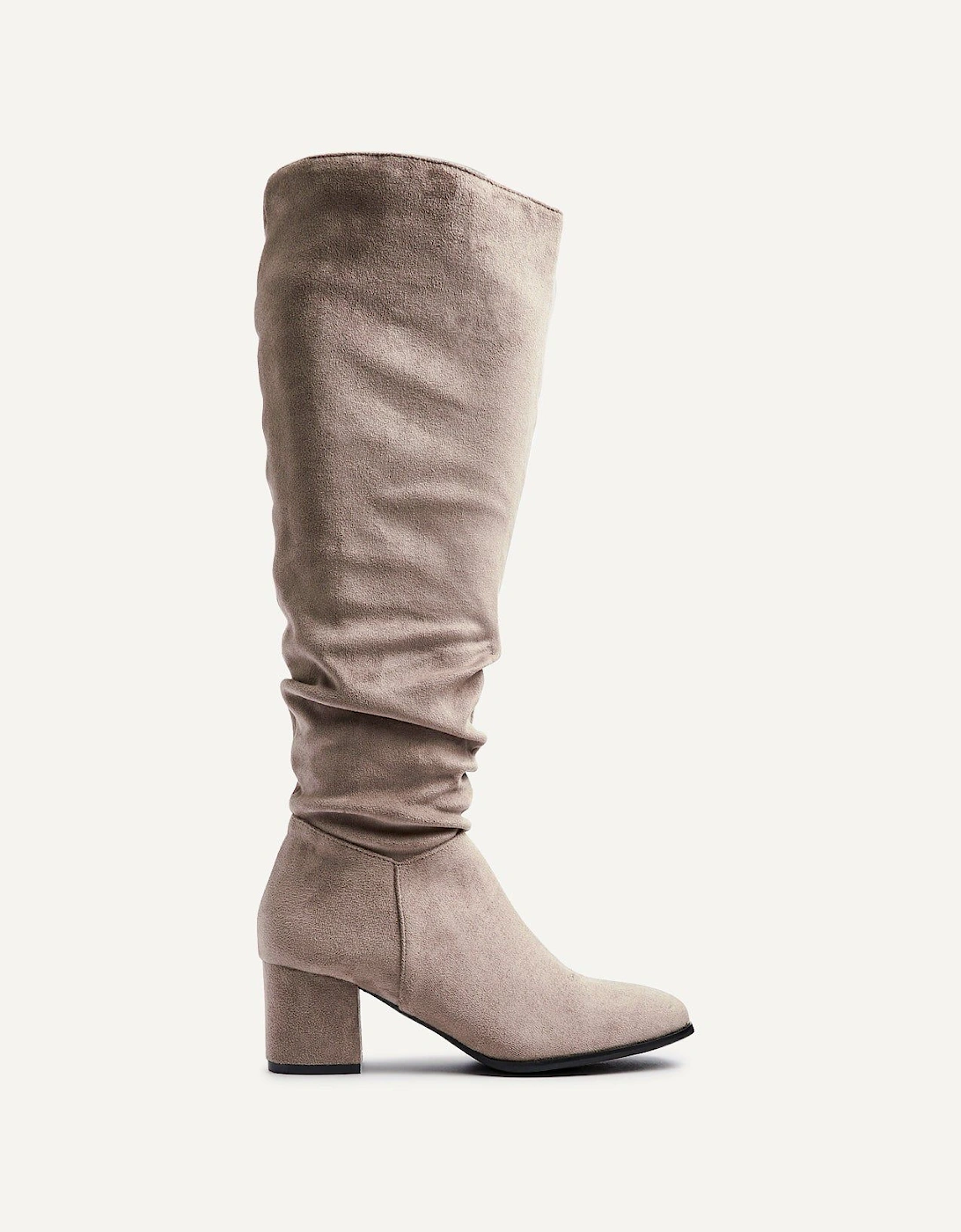 Margot Mocha Faux Suede Knee High Block Heeled Ruched Boot, 2 of 1