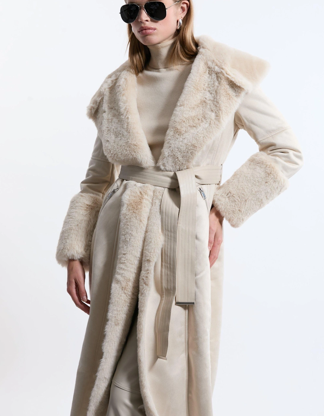 Faux Shearling Collar & Cuff Belted Midi Coat, 2 of 1