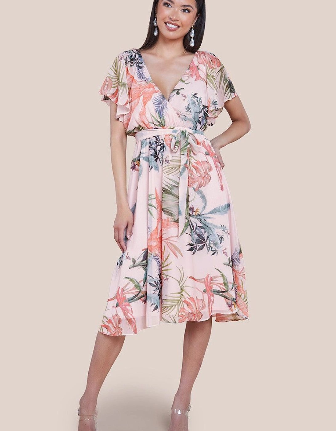 Floral Printed Flutter Sleeve Chiffon Midi Dress, 2 of 1