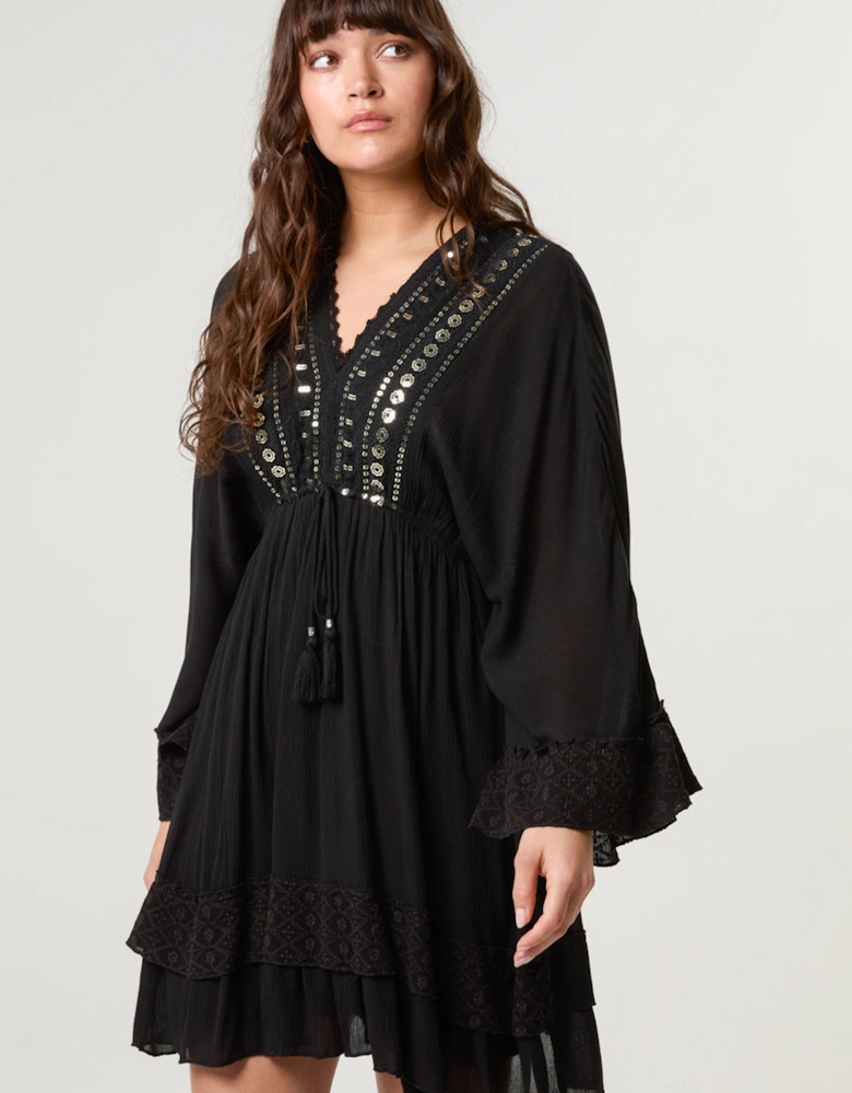 Black Embellished Kimono Sleeve Mini Dress