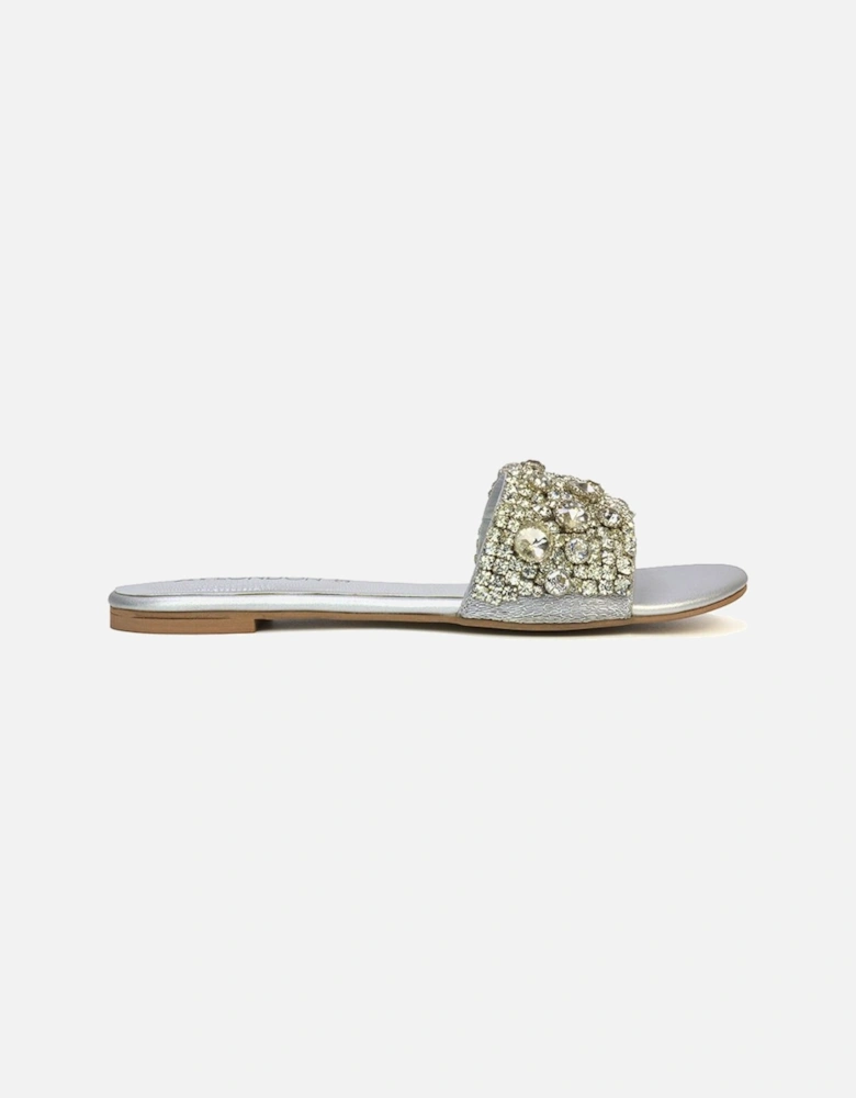 'Brielle' Metallic Slip On Diamante Flat Sandal Sliders