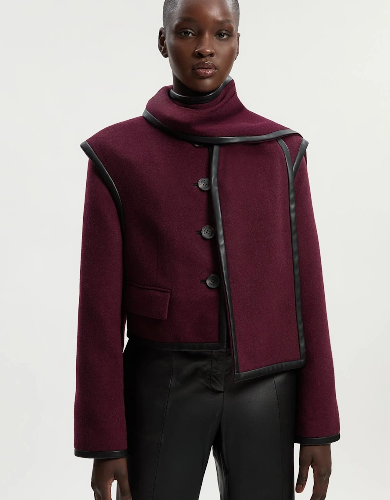 Petite Brushed Wool Pu Mix Detachable Scarf Tailored Crop Coat