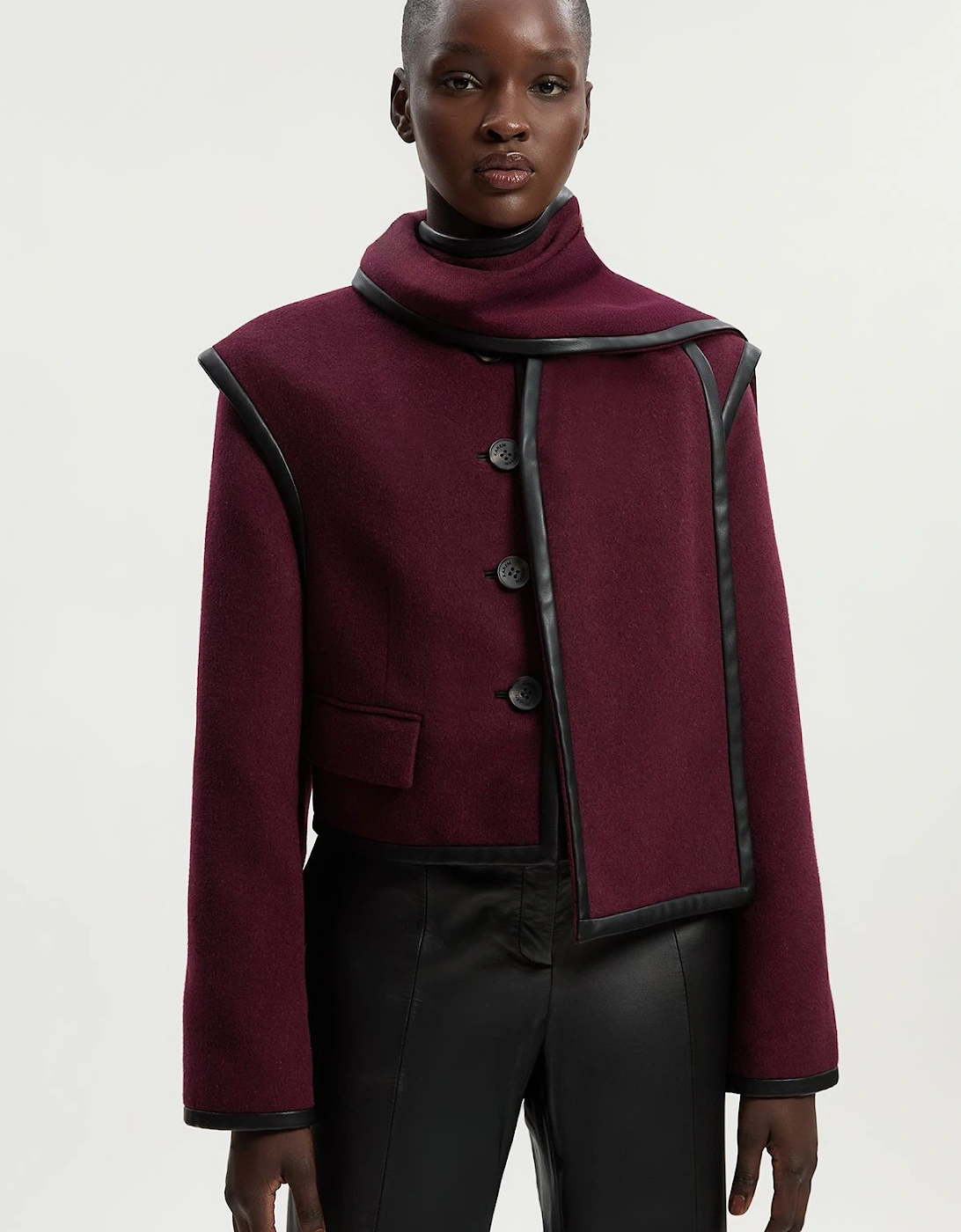 Petite Brushed Wool Pu Mix Detachable Scarf Tailored Crop Coat, 2 of 1